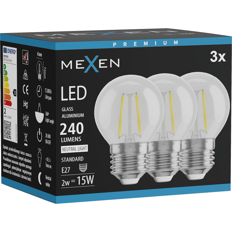Mexen Vintis 3x LED szálas izzó E27, G45, 2W, Semleges - 4000K, 240 lm, átlátszó - L156-E14-0227-00x03