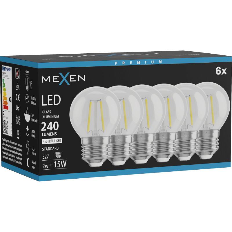 Mexen Vintis 6x Bec filament LED E27, G45, 2W, Neutră - 4000K, 240 lm, transparent - L156-E27-0227-00x06 - L156-E27-0240-00x06