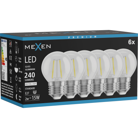 Mexen Vintis 6x Bec filament LED E27, G45, 2W, Neutră - 4000K, 240 lm, transparent - L156-E27-0227-00x06 - L156-E27-0240-00x06