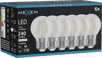Mexen Vintis 6x LED filament izzó E27, G45, 2W, Semleges - 4000K, 240 lm, átlátszó - L156-E27-0227-00x06