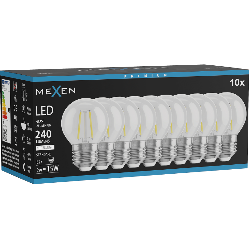 Mexen Vintis 10x LED filament izzó E27, G45, 2W, Semleges - 4000K, 240 lm, átlátszó - L156-E14-0227-00x10
