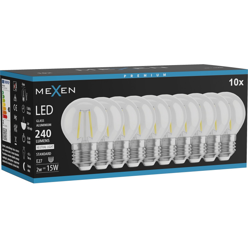 Mexen Vintis 10x LED filament izzó E27, G45, 2W, Semleges - 4000K, 240 lm, átlátszó - L156-E27-0227-00x10