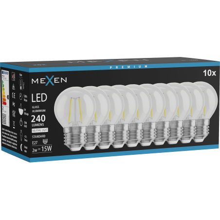 Mexen Vintis 10x Bec LED filament E27, G45, 2W, Neutră - 4000K, 240 lm, transparent - L156-E27-0227-00x10 - L156-E27-0240-00x10