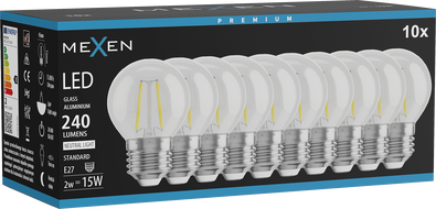 Mexen Vintis 10x LED filament izzó E27, G45, 2W, Semleges - 4000K, 240 lm, átlátszó - L156-E14-0227-00x10