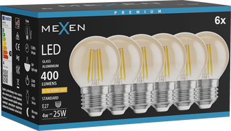 Mexen Vintis 6x LED-es filament izzó E27, G45, 4W, Meleg - 2200K, 400 lm, borostyánsárga - L156-E27-0422-50x06