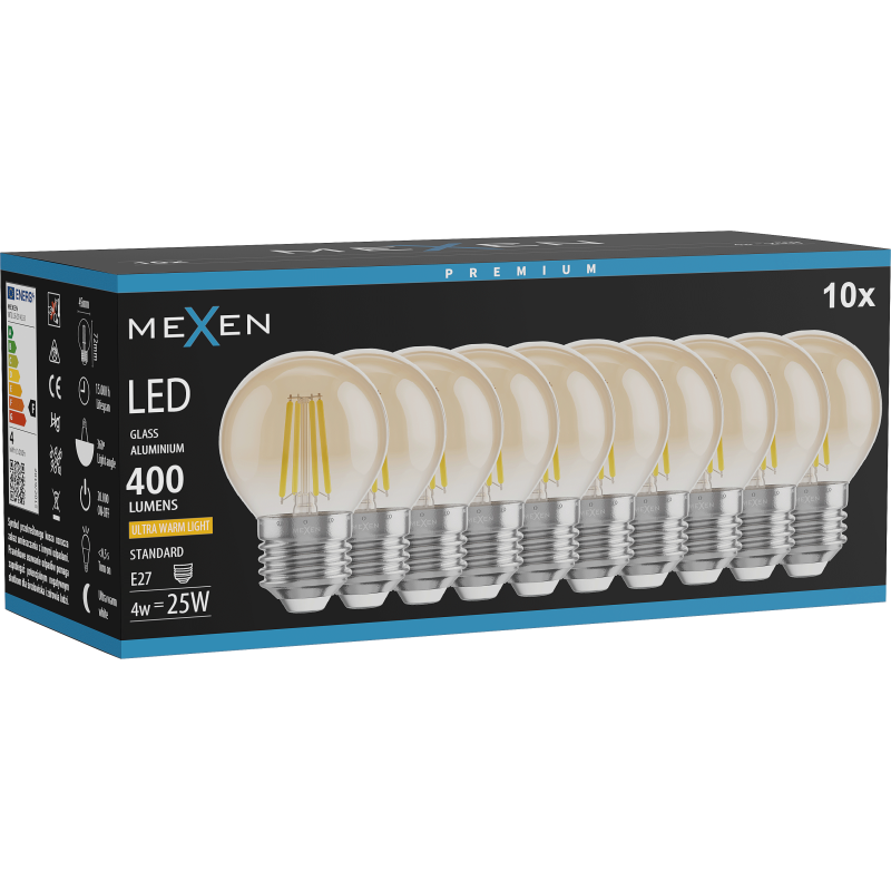 Mexen Vintis 10x Bec filament LED E27, G45, 4W, Cald - 2200K, 400 lm, chihlimbar - L156-E27-0422-50x10