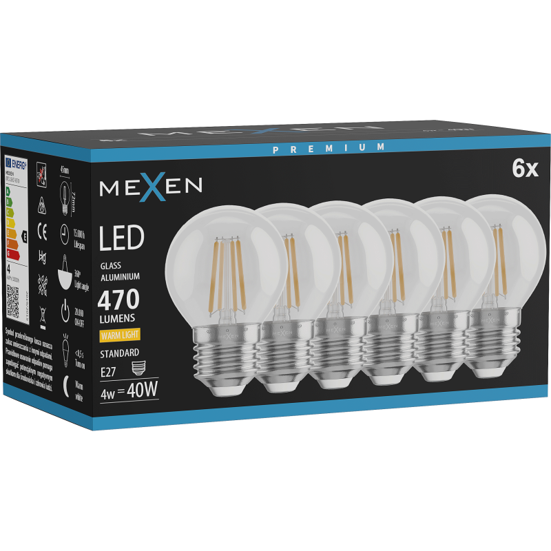 Mexen Vintis 6x Bec LED filament E27, G45, 4W, Cald - 2700K, 470 lm, transparent - L156-E27-0427-00x06