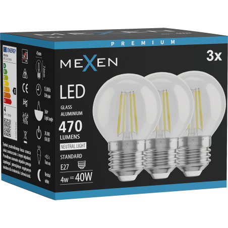 Mexen Vintis 3x Bec de iluminat LED E27, G45, 4W, Neutră - 4000K, 470 lm, transparent - L156-E27-0427-00x03