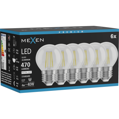 Mexen Vintis 6x LED filament izzó E27, G45, 4W, Semleges - 4000K, 470 lm, átlátszó - L156-E27-0427-00x06
