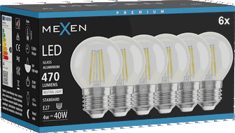 Mexen Vintis 6x Bec filament LED E27, G45, 4W, Neutră - 4000K, 470 lm, clar - L156-E27-0427-00x06 - L156-E27-0440-00x06