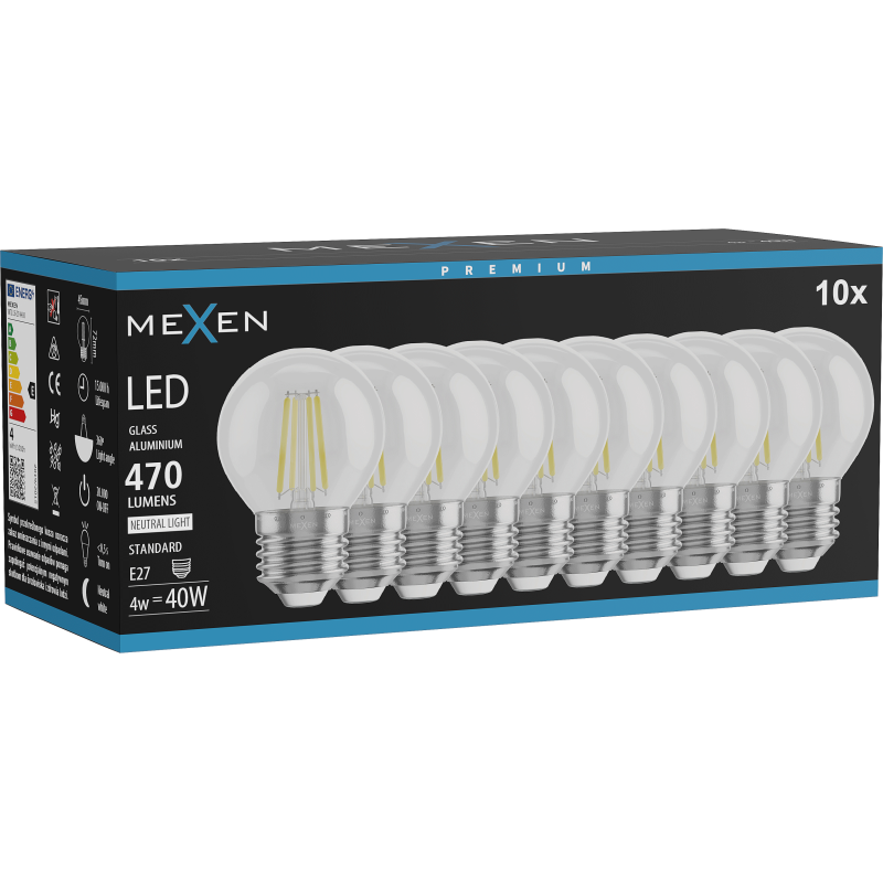 Mexen Vintis 10x LED filament izzó E27, G45, 4W, Semleges - 4000K, 470 lm, átlátszó - L156-E27-0427-00x10