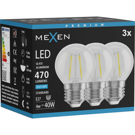 Mexen Vintis 3x LED filament izzó E27, G45, 4W, Hideg - 6500K, 470 lm, átlátszó - L156-E27-0465-00x03