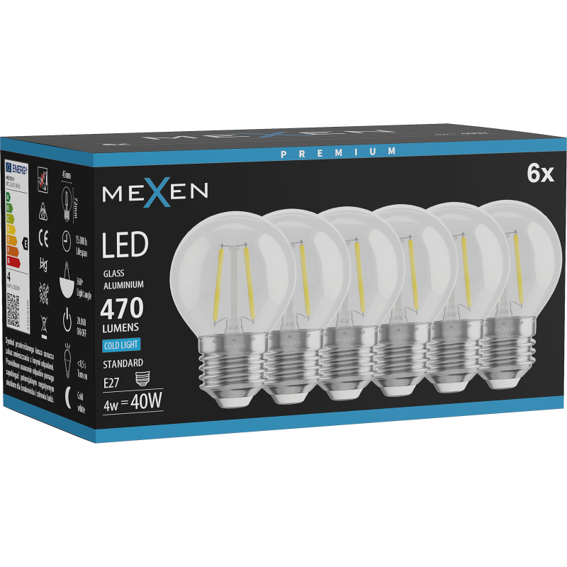 Mexen Vintis 6x LED filament izzó E27, G45, 4W, Hideg - 6500K, 470 lm, átlátszó - L156-E27-0465-00x06