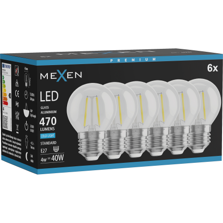 Mexen Vintis 6x LED filament izzó E27, G45, 4W, Hideg - 6500K, 470 lm, átlátszó - L156-E27-0465-00x06