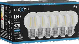 Mexen Vintis 6x Bec LED filament E27, G45, 4W, Rece - 6500K, 470 lm, transparent - L156-E27-0465-00x06