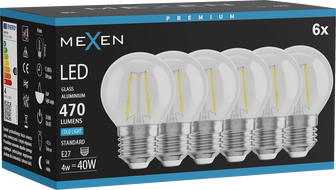 Mexen Vintis 6x LED filament izzó E27, G45, 4W, Hideg - 6500K, 470 lm, átlátszó - L156-E27-0465-00x06