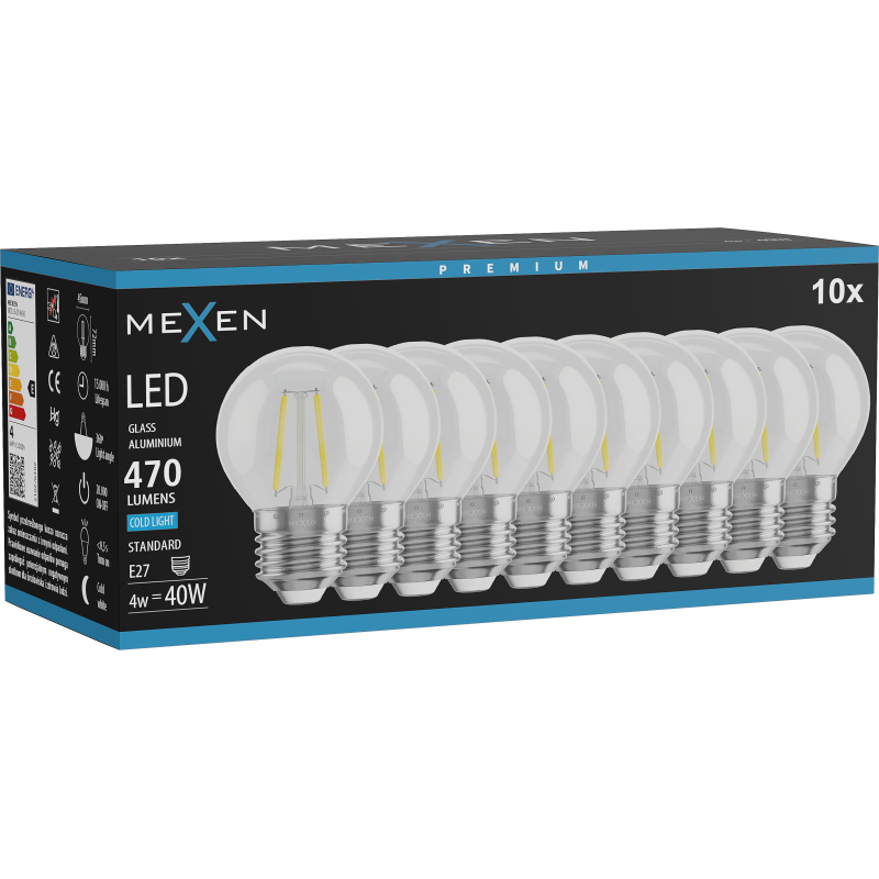 Mexen Vintis 10x Bec LED tip filament E27, G45, 4W, Rece - 6500K, 470 lm, clar - L156-E27-0465-00x10