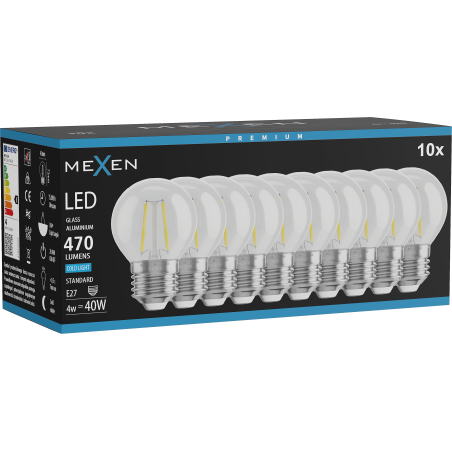 Mexen Vintis 10x LED filament izzó E27, G45, 4W, Hideg - 6500K, 470 lm, átlátszó - L156-E27-0465-00x10