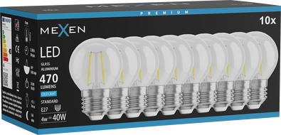 Mexen Vintis 10x LED filament izzó E27, G45, 4W, Hideg - 6500K, 470 lm, átlátszó - L156-E27-0465-00x10