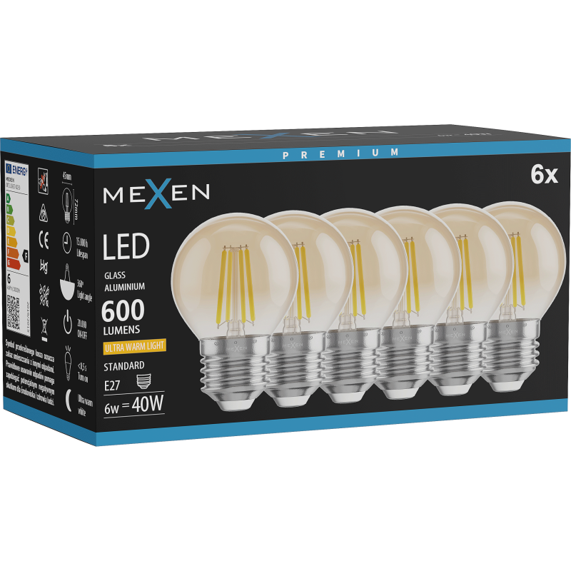 Mexen Vintis 6x LED filament izzó E27, G45, 6W, Meleg - 2200K, 600 lm, borostyán - L156-E27-0622-50x06