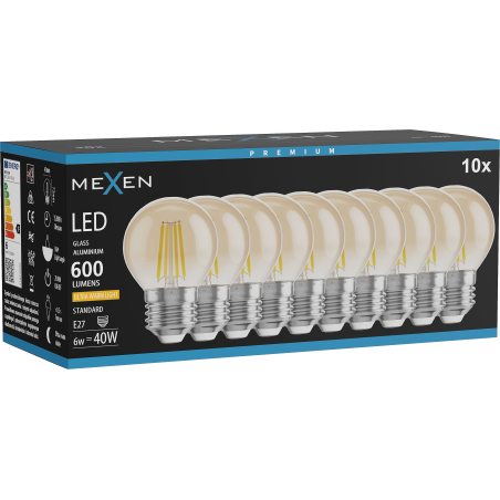Mexen Vintis 10x Bec LED Filament E27, G45, 6W, Caldă - 2200K, 600 lm, chihlimbar - L156-E27-0622-50x10