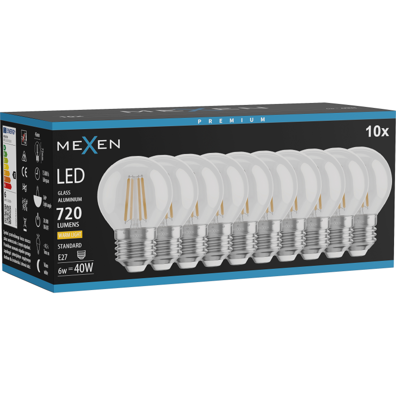 Mexen Vintis 10x LED szálas izzó E27, G45, 6W, Meleg - 2700K, 720 lm, áttetsző - L156-E27-0627-00x10