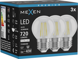 Mexen Vintis 3x LED filament izzó E27, G45, 6W, Semleges - 4000K, 720 lm, átlátszó - L156-E27-0627-00x03