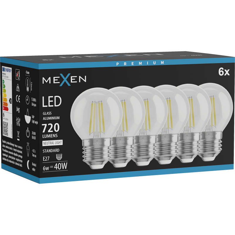 Mexen Vintis 6x LED szálas izzó E27, G45, 6W, Semleges - 4000K, 720 lm, tiszta - L156-E27-0627-00x06 - L156-E27-0640-00x06