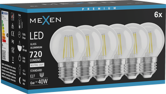 Mexen Vintis 6x Bec Filament LED E27, G45, 6W, Neutru - 4000K, 720 lm, clar - L156-E27-0627-00x06 - L156-E27-0640-00x06