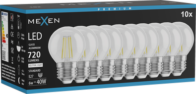 Mexen Vintis 10x LED E27 filament izzó, G45, 6W, Semleges - 4000K, 720 lm, átlátszó - L156-E27-0627-00x10