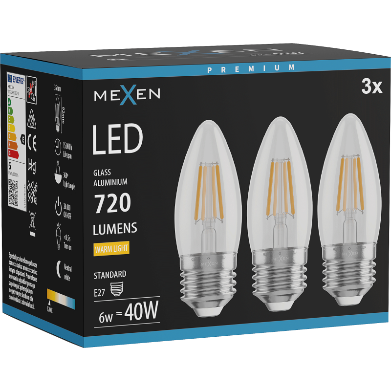 Mexen Vintis 3x Bec filament LED E27, C35, 6W, Calda - 2700K, 720 lm, clar - L154-E27-0627-00x03