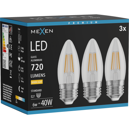 Mexen Vintis 3x Bec filament LED E27, C35, 6W, Calda - 2700K, 720 lm, clar - L154-E27-0627-00x03