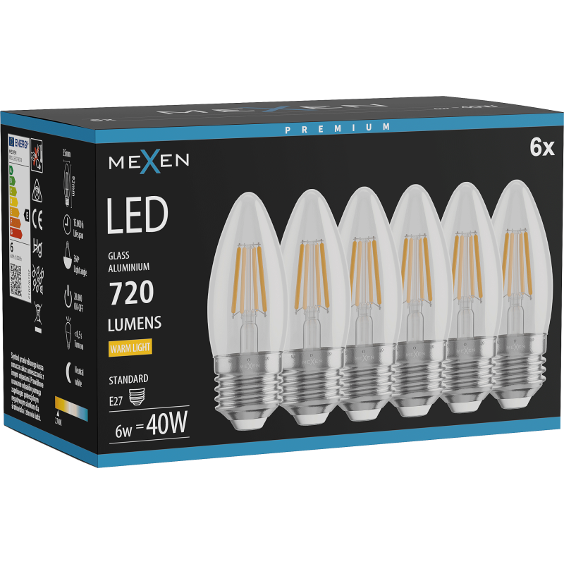 Mexen Vintis 6x Bec filament LED E27, C35, 6W, Caldă - 2700K, 720 lm, transparent - L154-E27-0627-00x06