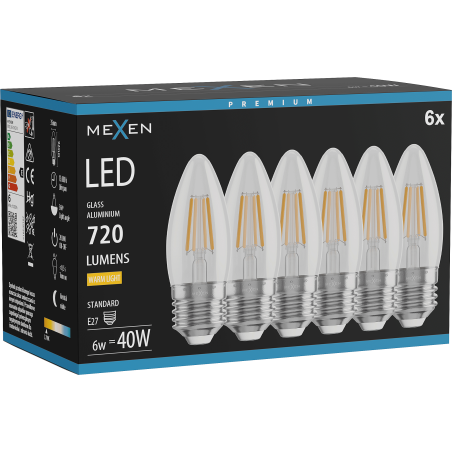 Mexen Vintis 6x Bec filament LED E27, C35, 6W, Caldă - 2700K, 720 lm, transparent - L154-E27-0627-00x06