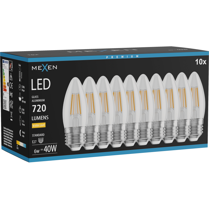 Mexen Vintis 10x LED filament izzó E27, C35, 6W, Meleg - 2700K, 720 lm, átlátszó - L154-E27-0627-00x10