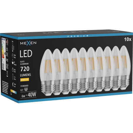 Mexen Vintis 10x Bec LED filament E27, C35, 6W, Cald - 2700K, 720 lm, clar - L154-E27-0627-00x10