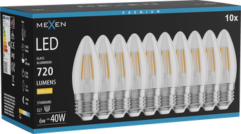 Mexen Vintis 10x LED filament izzó E27, C35, 6W, Meleg - 2700K, 720 lm, átlátszó - L154-E27-0627-00x10