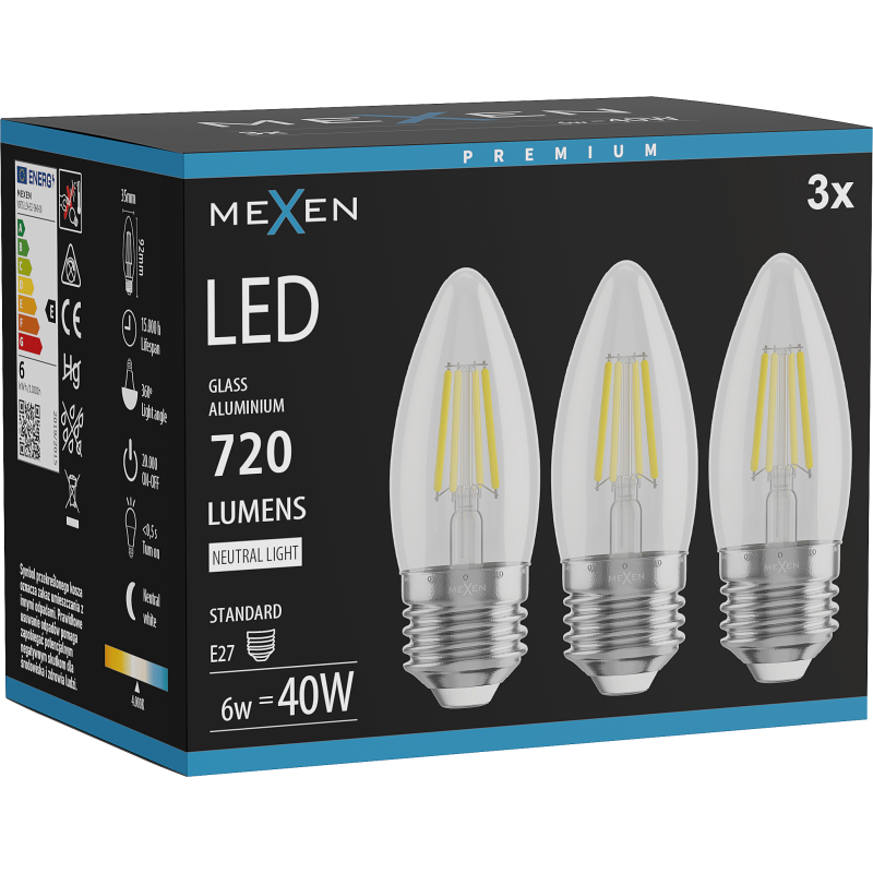 Mexen Vintis 3x LED filament izzó E27, C35, 6W, Semleges - 4000K, 720 lm, átlátszó - L154-E27-0640-00x03