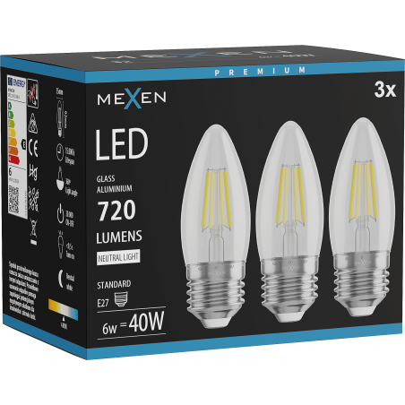 Mexen Vintis 3x LED filament izzó E27, C35, 6W, Semleges - 4000K, 720 lm, átlátszó - L154-E27-0640-00x03
