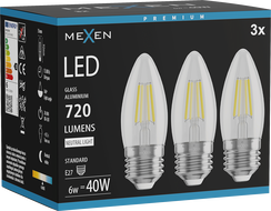 Mexen Vintis 3x LED filament izzó E27, C35, 6W, Semleges - 4000K, 720 lm, átlátszó - L154-E27-0640-00x03