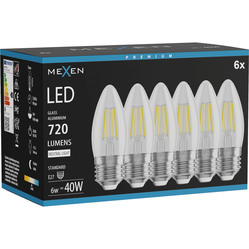 Mexen Vintis 6x Bec LED filament E27, C35, 6W, Neutru - 4000K, 720 lm, clar - L154-E27-0640-00x06