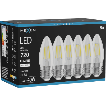 Mexen Vintis 6x Bec LED filament E27, C35, 6W, Neutru - 4000K, 720 lm, clar - L154-E27-0640-00x06