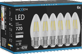 Mexen Vintis 6x Bec LED filament E27, C35, 6W, Neutru - 4000K, 720 lm, clar - L154-E27-0640-00x06