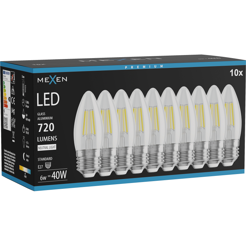 Mexen Vintis 10x Bec Filament LED E27, C35, 6W, Neutră - 4000K, 720 lm, transparentă - L154-E27-0640-00x10