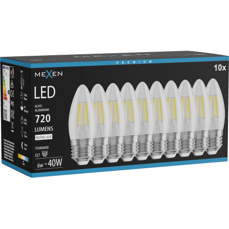 Mexen Vintis 10x Bec Filament LED E27, C35, 6W, Neutră - 4000K, 720 lm, transparentă - L154-E27-0640-00x10