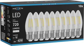 Mexen Vintis 10x Bec Filament LED E27, C35, 6W, Neutră - 4000K, 720 lm, transparentă - L154-E27-0640-00x10
