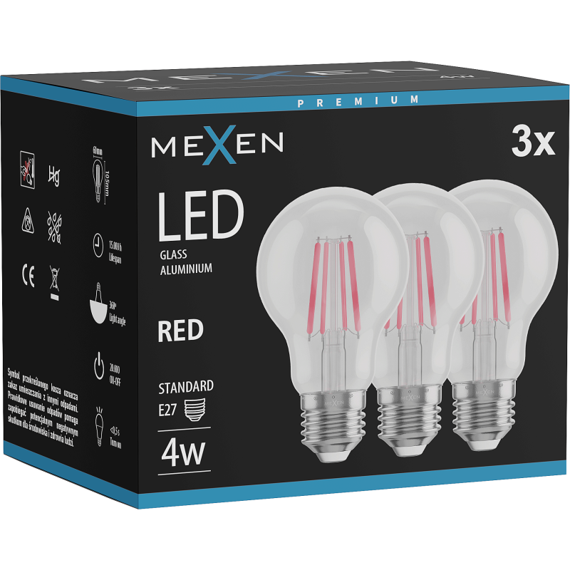 Mexen Vintis 3x Bec încălzitoare LED E27, A60, 4W, 55 lm, roșu - L150-E27-04XX-45x03