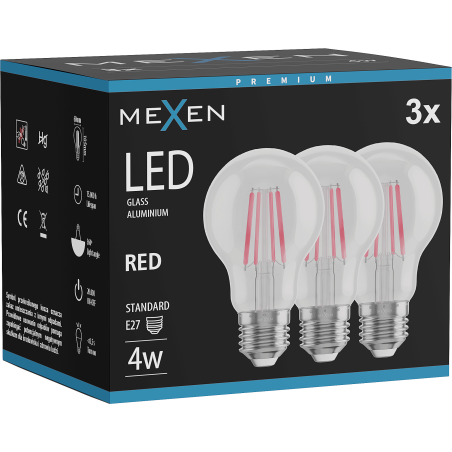 Mexen Vintis 3x LED filament izzó E27, A60, 4W, 55 lm, piros - L150-E27-04XX-45x03