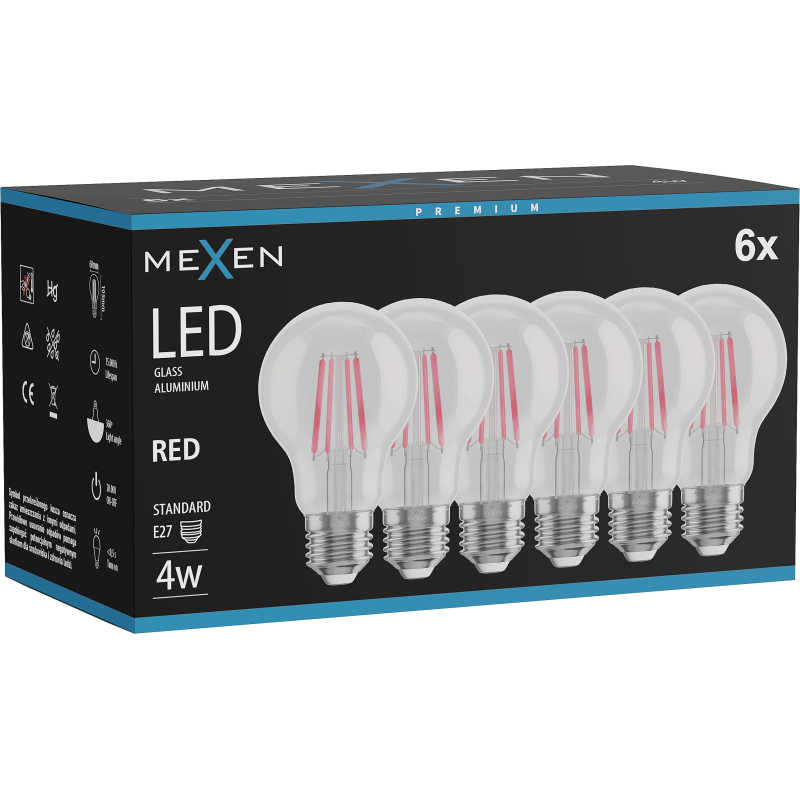 Mexen Vintis 6x LED filament izzó E27, A60, 4W, 55 lm, piros - L150-E27-04XX-45x06