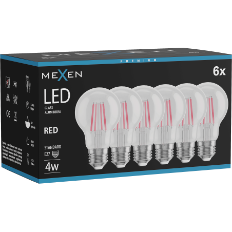 Mexen Vintis 6x LED filament izzó E27, A60, 4W, 55 lm, piros - L150-E27-04XX-45x06